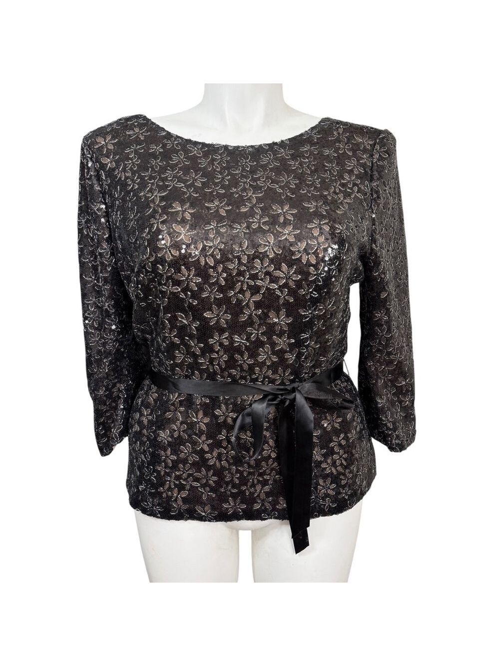 Alex Evenings XL Black Sequin Floral Lace Top Vintage Y2K Cocktail‎ Blouse